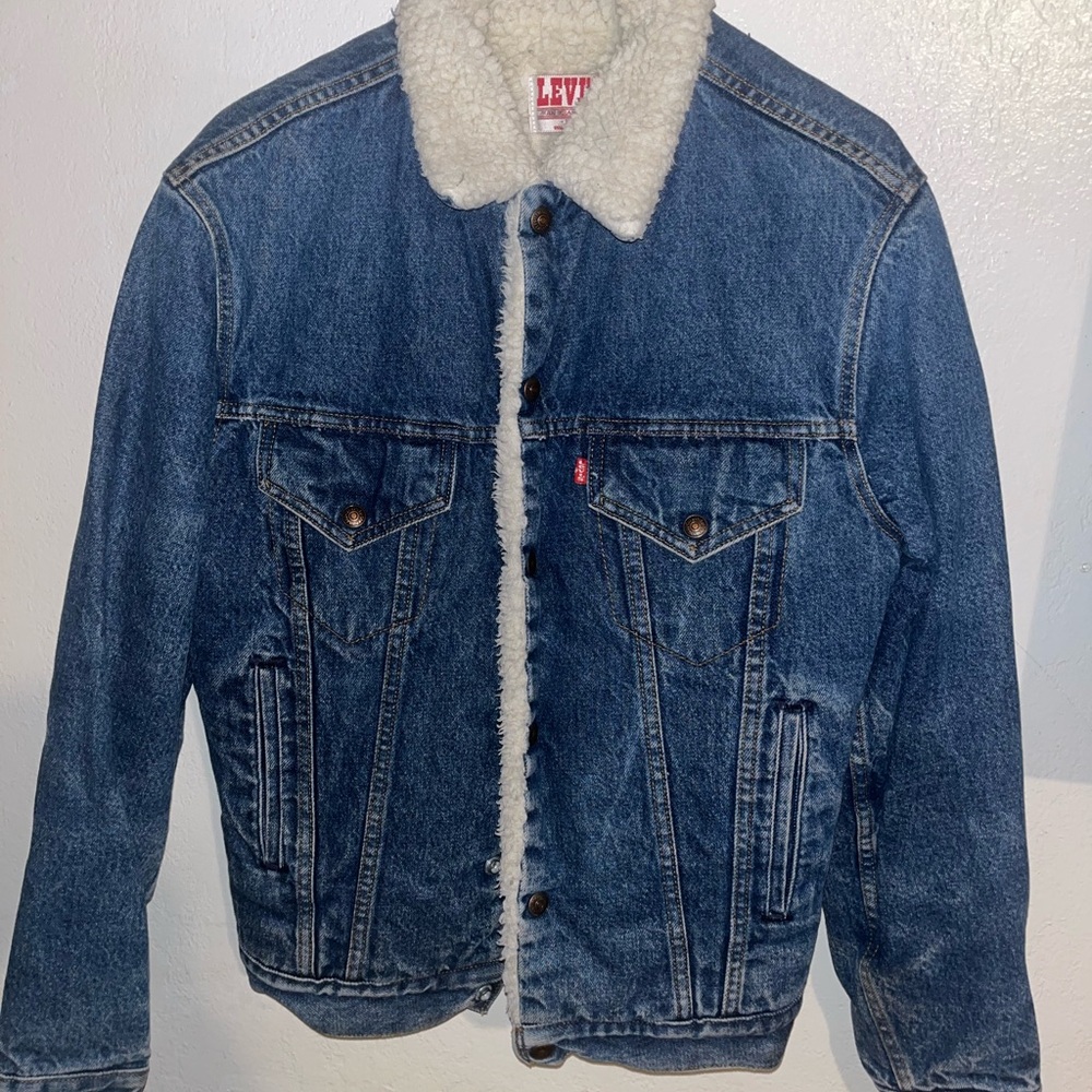 Vintage Levis Sherpa Lined Denim Jacket Size L Men Blue Trucker Jean faux fur